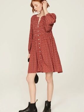 Madewell Red Smocked Button-Front Long Sleeve Mini Dress